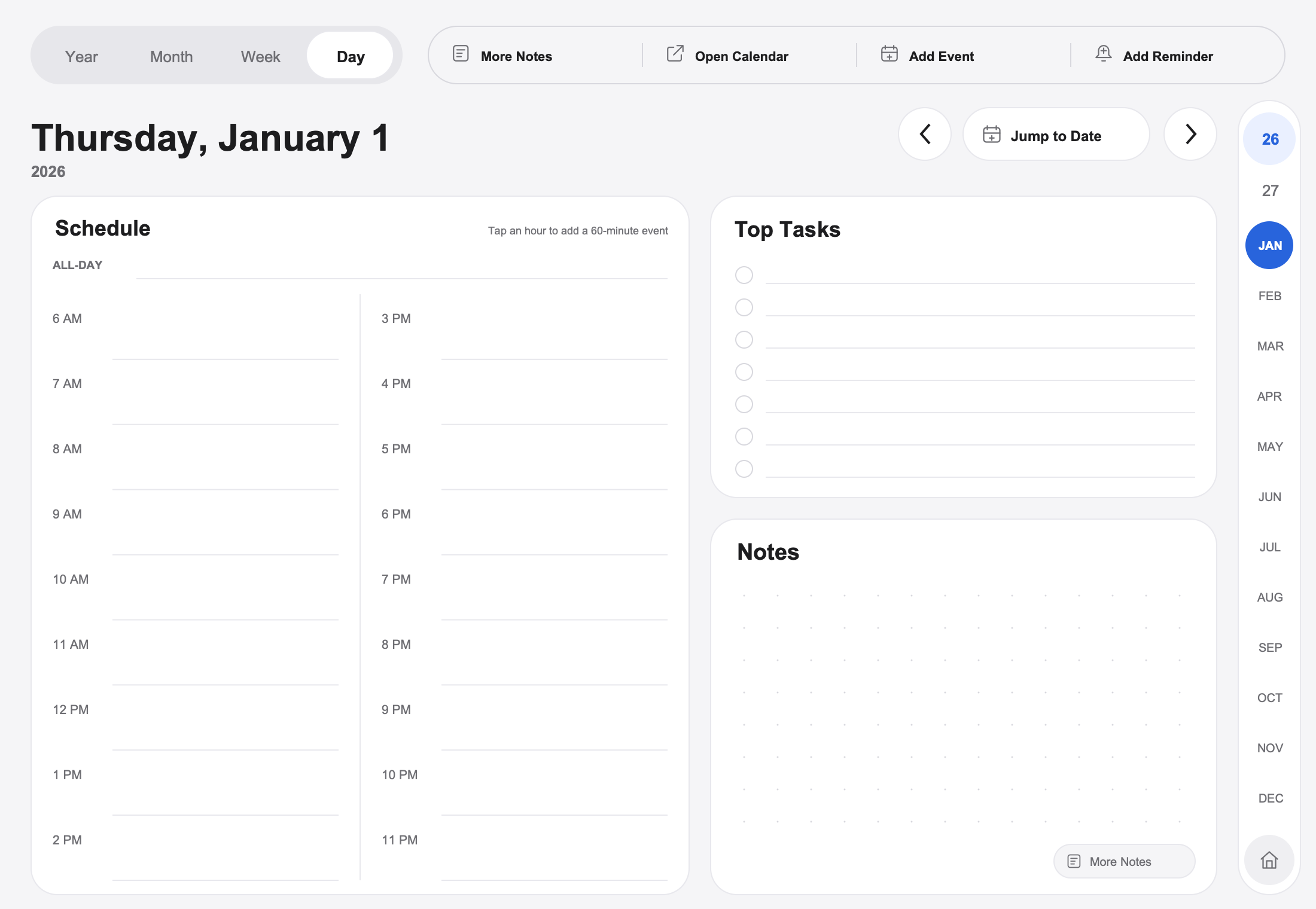 Landscape day layout preview for January 1, 2026
