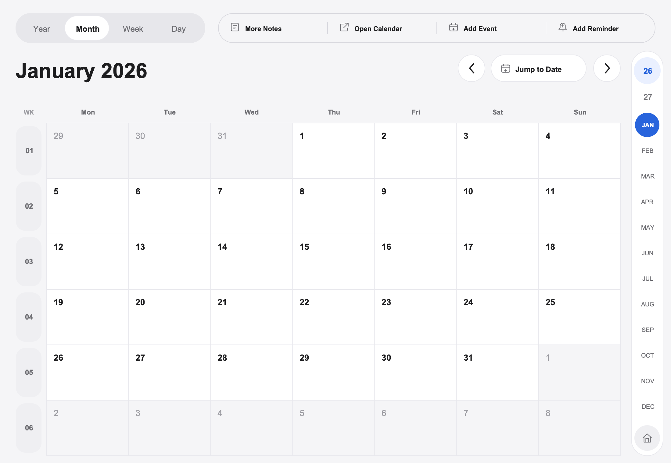 Landscape month layout preview for January 2026