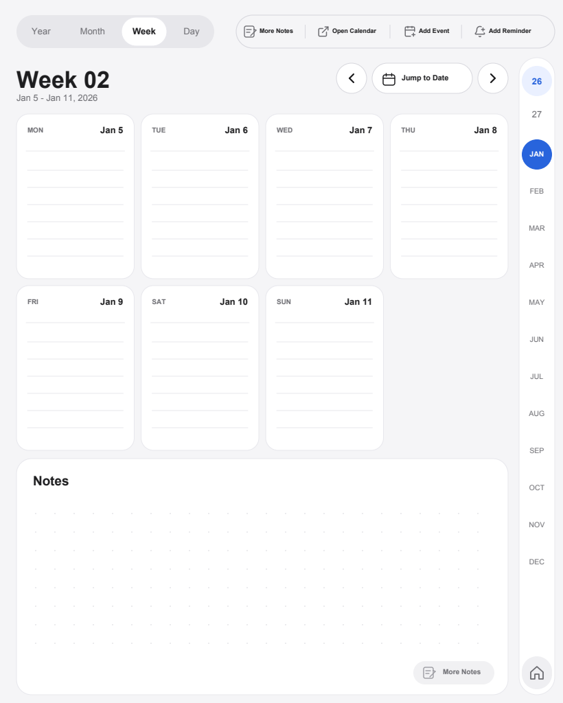 Week 2, January 5–11, 2026, with space for all seven days and handwritten notes