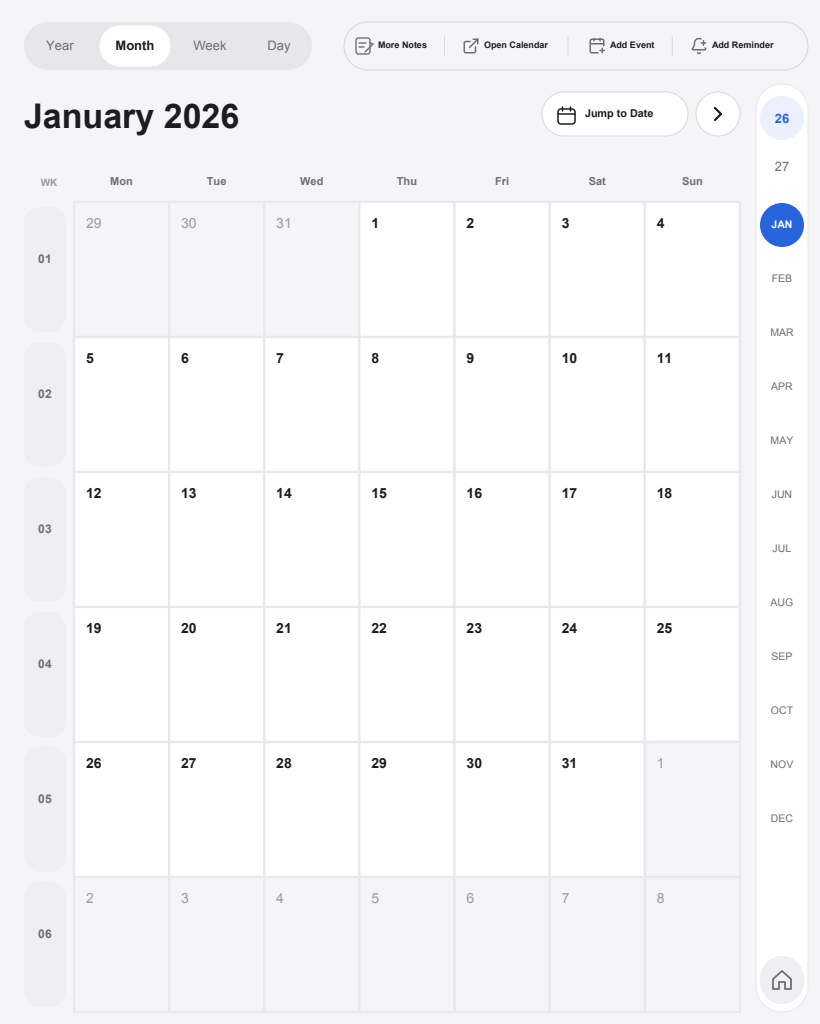 Month view with linked dates and weekly navigation