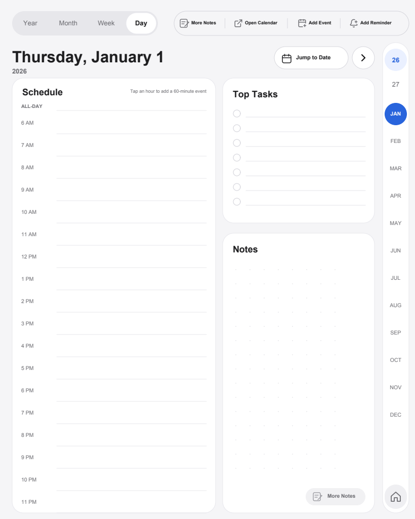 Day view with an hourly schedule, top tasks, and notes