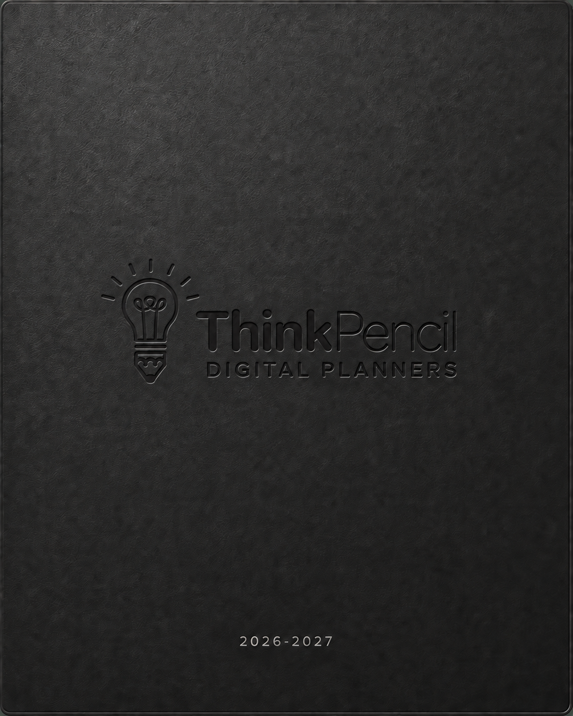Black leather 2026–2027 ThinkPencil planner cover with the new logo recessed without color